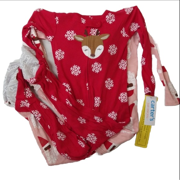 Carters Toddler Pink & Red Snowflake Reindeer Black Santa Footed Pajama Set New! - Picture 2 of 11